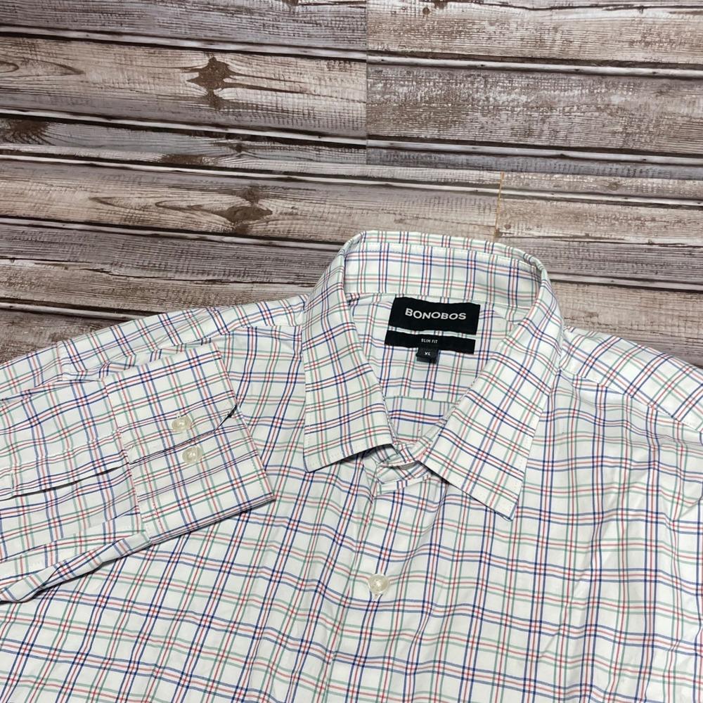 BONOBOS Mens Slim Fit Performance Long Sleeve Button Down Plaid Dress Shirt XL